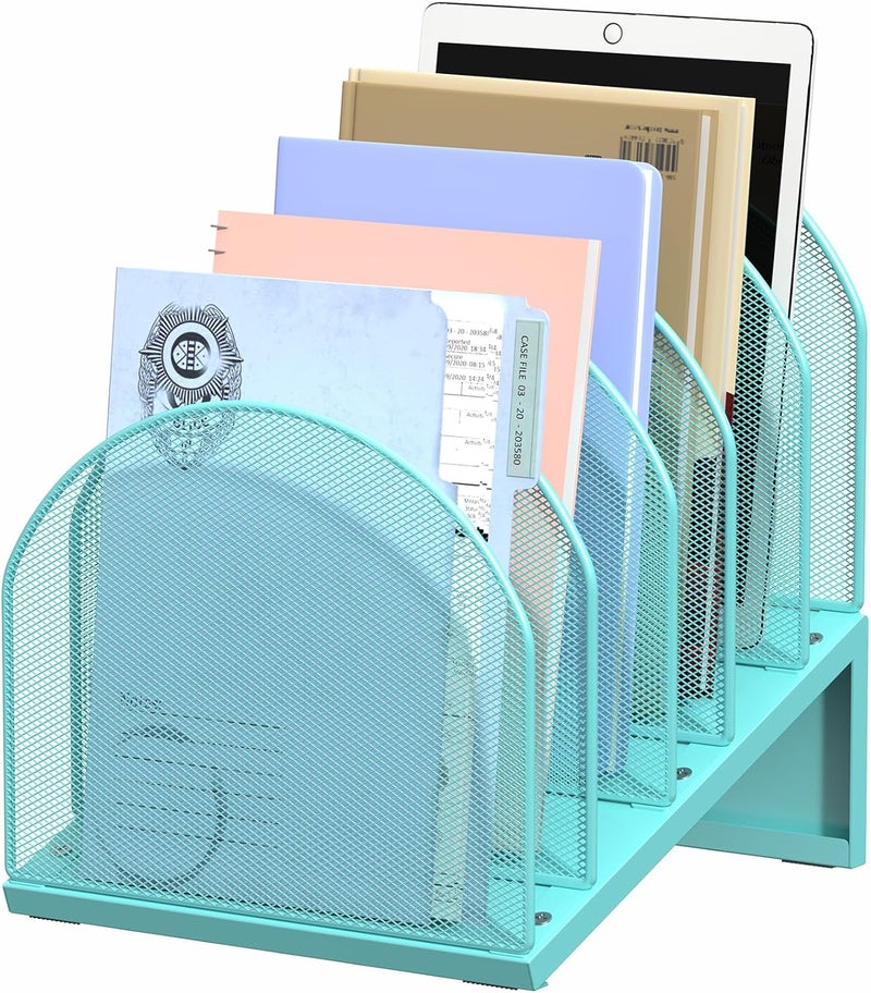 OUTIOE 5-Section Desk File Organizer, Metal Mesh Folder Organizer for Documents, Mail & Office Papers (Blue) - Image 1